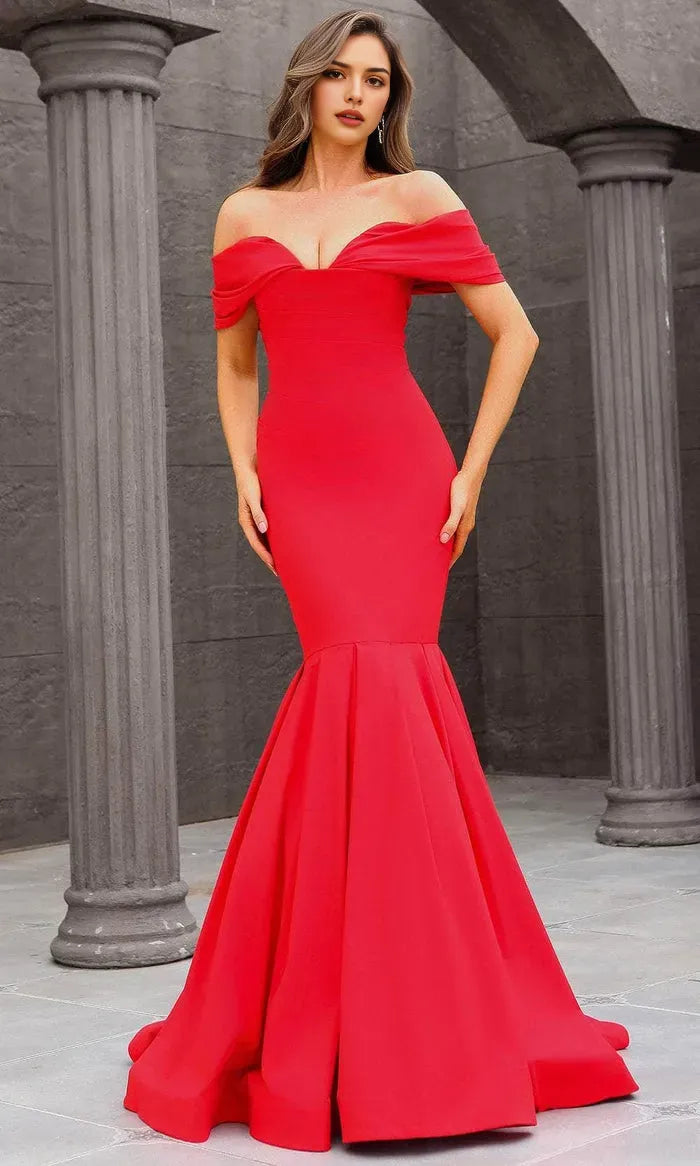 Elegant Red Off - Shoulder Mermaid Evening Dress with Flared Hem Perfect for Formal Black Tie Events