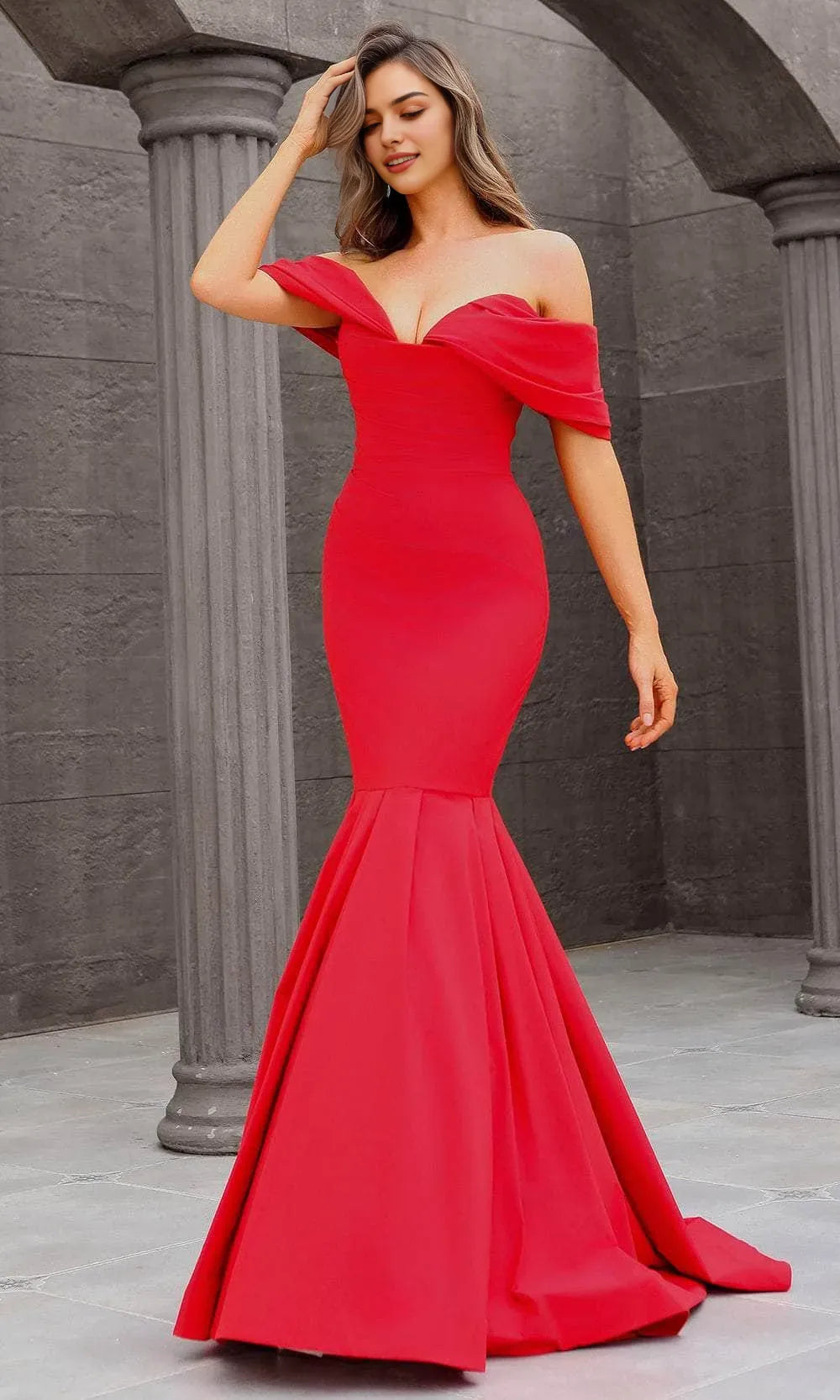 Elegant Red Off - Shoulder Mermaid Evening Dress with Flared Hem Perfect for Formal Black Tie Events