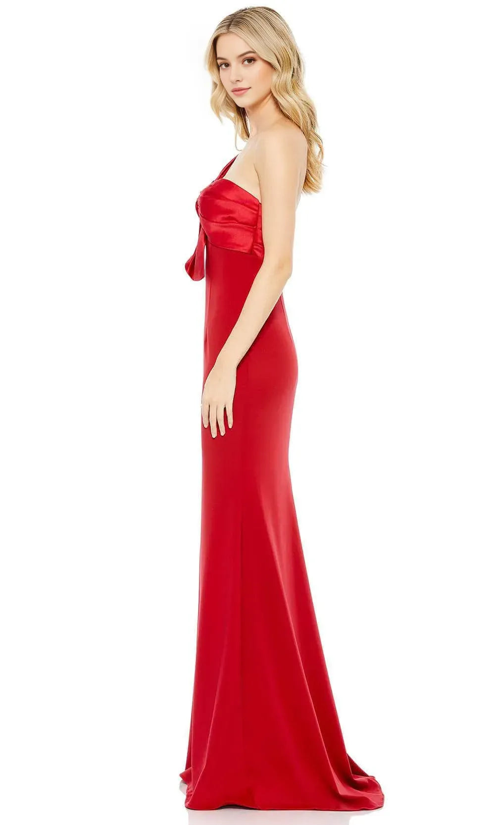 Elegant Red One Shoulder Prom Gown with Bow Detail Crafted from Luxurious Satin and Crepe for a Flattering Fit at Formal Occasions