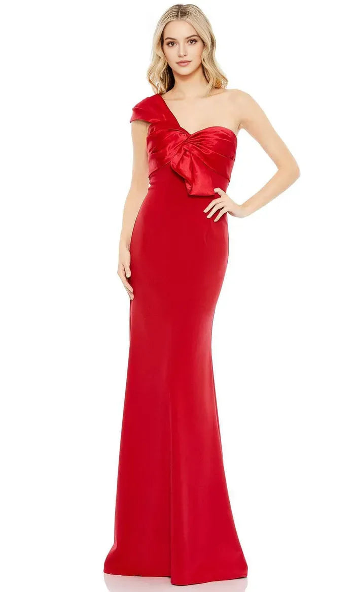 Elegant Red One Shoulder Prom Gown with Bow Detail Crafted from Luxurious Satin and Crepe for a Flattering Fit at Formal Occasions