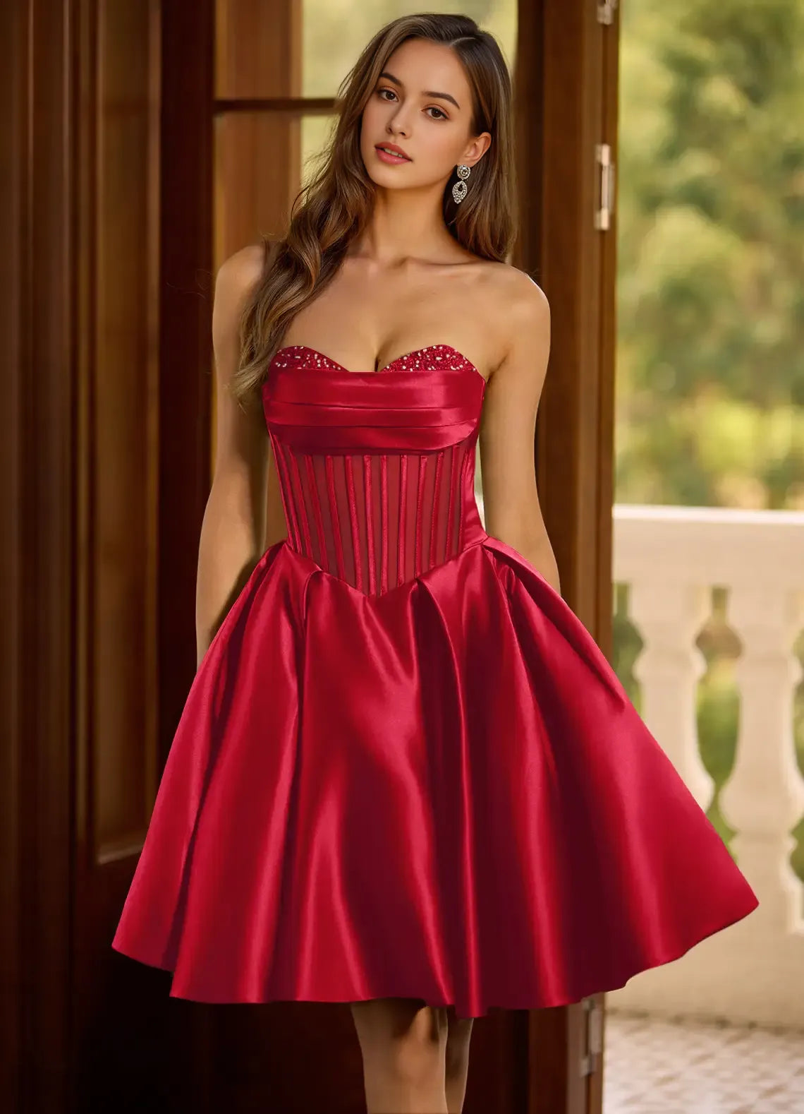 Elegant Red Satin Homecoming Dress Strapless Rhinestone Embellishments Corset Bodice for Timeless Sophistication