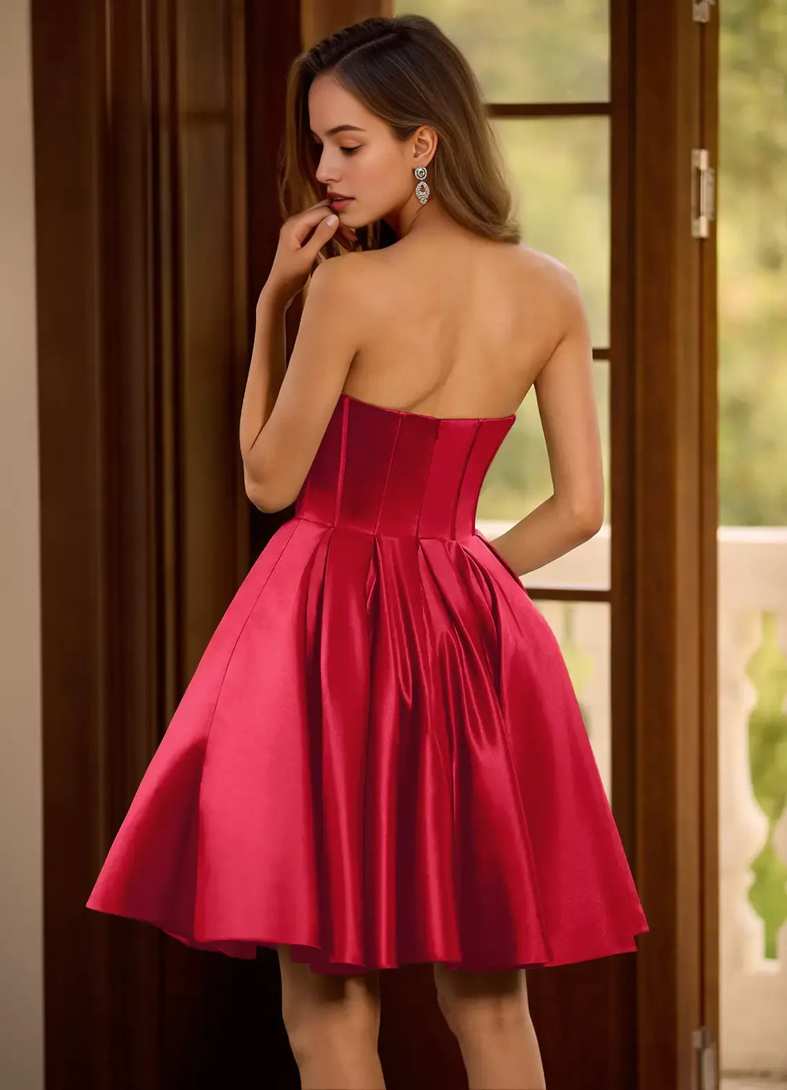 Elegant Red Satin Homecoming Dress Strapless Rhinestone Embellishments Corset Bodice for Timeless Sophistication