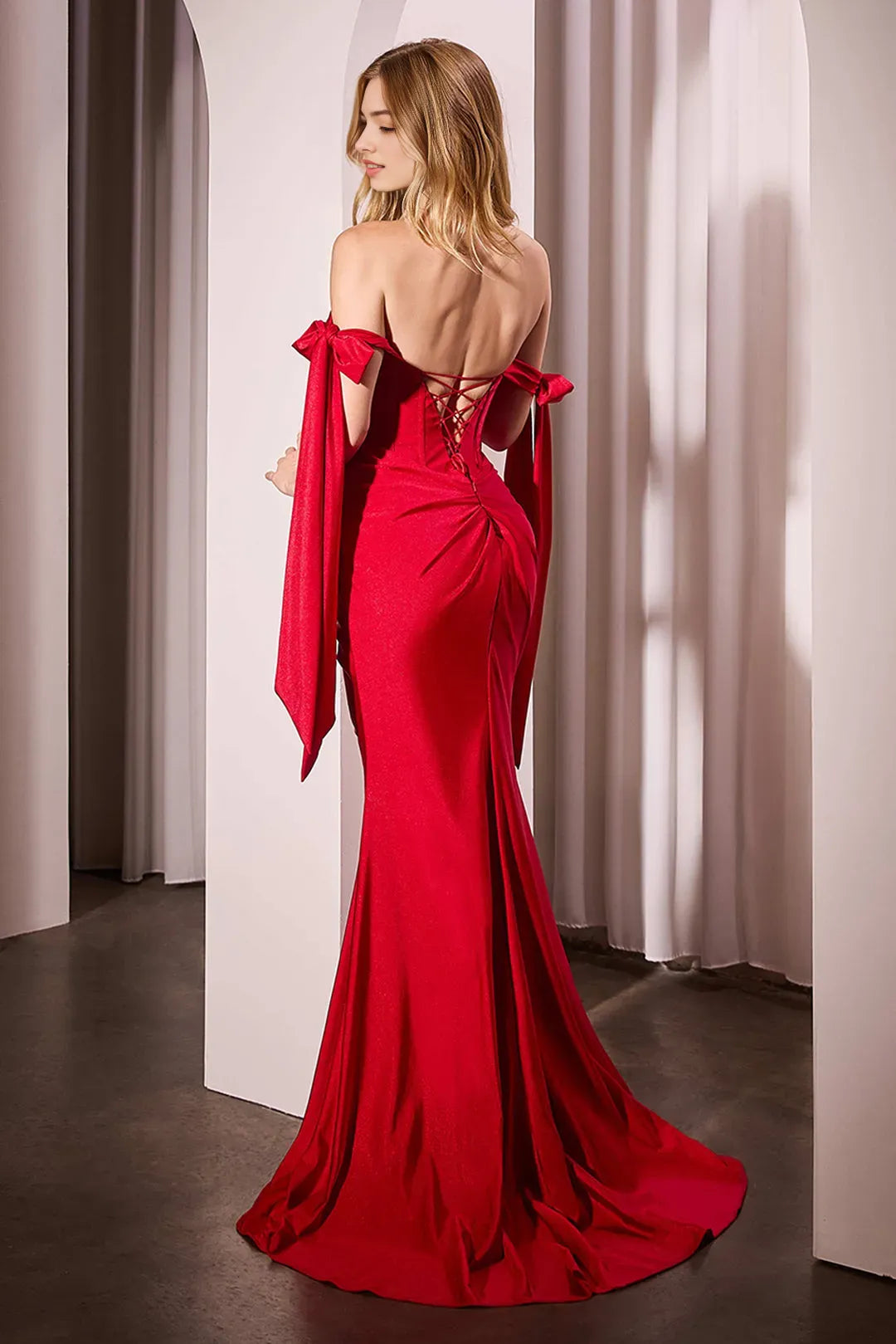 Elegant Red Satin Mermaid Prom Dress with Off - Shoulder Neckline Draped Sleeves and High Slit for Formal Occasions