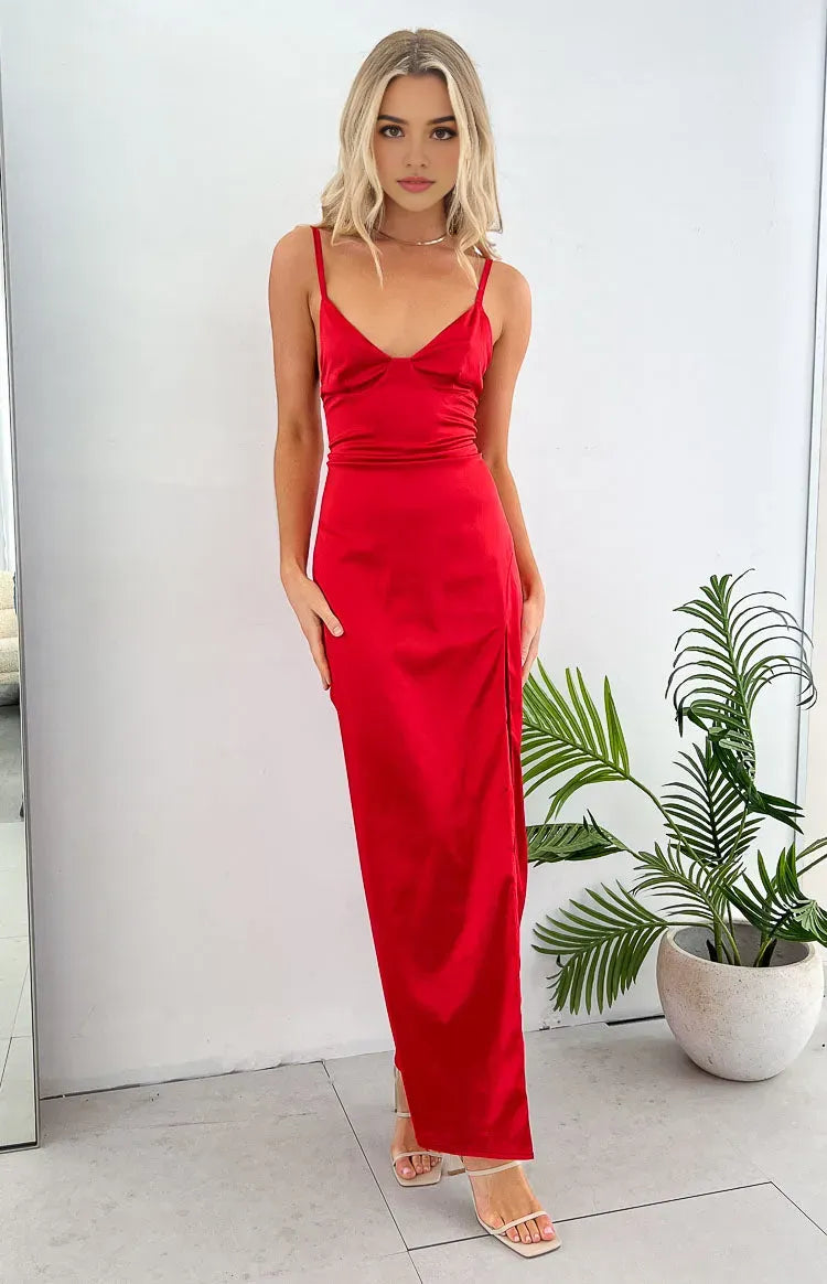 Elegant Red Satin Prom Dress with Spaghetti Straps Plunging V Neckline and Side Slit for Women's Formal Evening Party