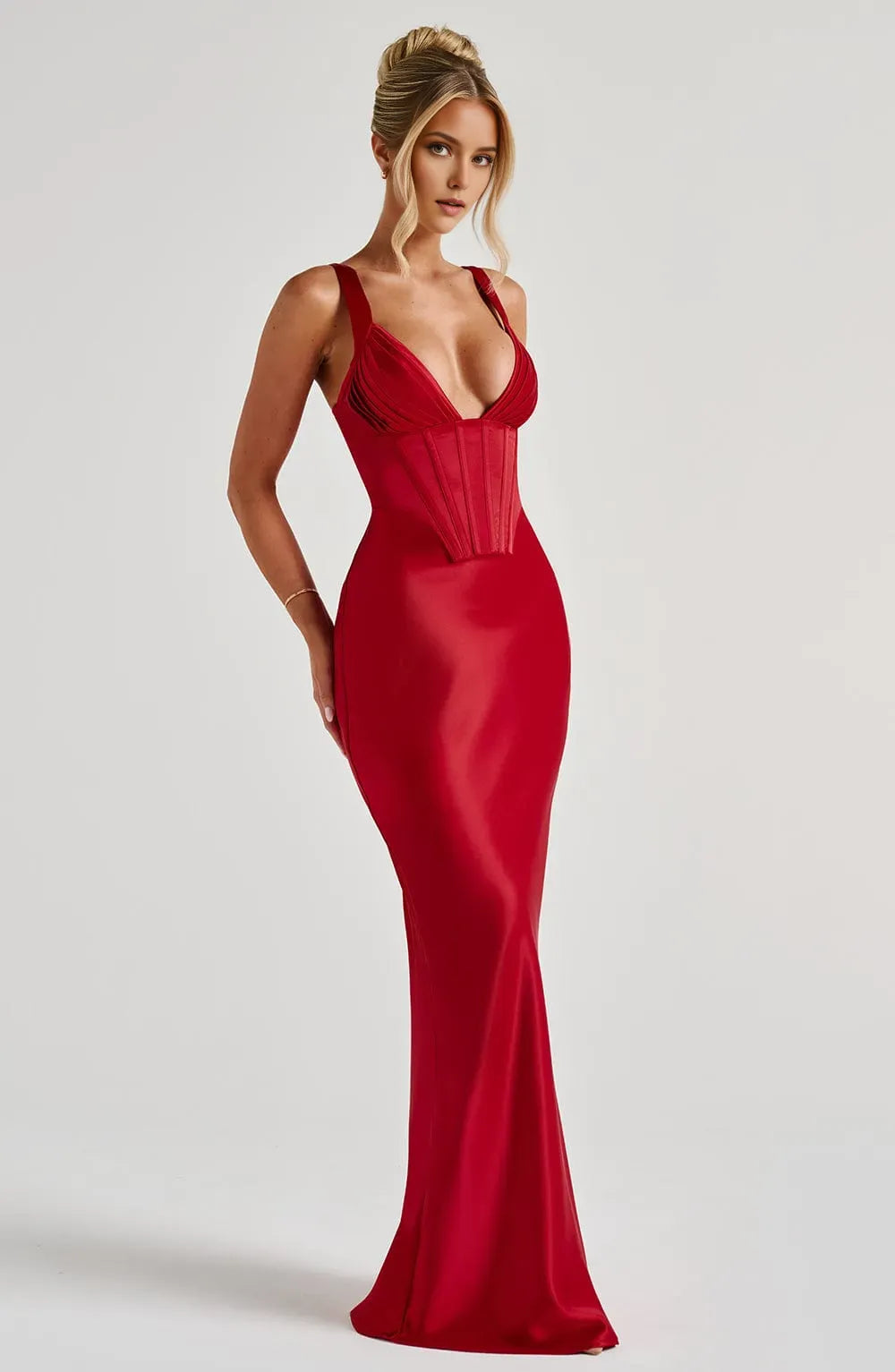 Elegant Red Sheath Deep V - Neck Spaghetti Straps Sleeveless Lace Up Floor -Length Prom Dresses bride Hot Sale