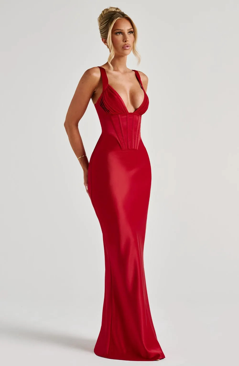 Elegant Red Sheath Deep V - Neck Spaghetti Straps Sleeveless Lace Up Floor -Length Prom Dresses bride Hot Sale