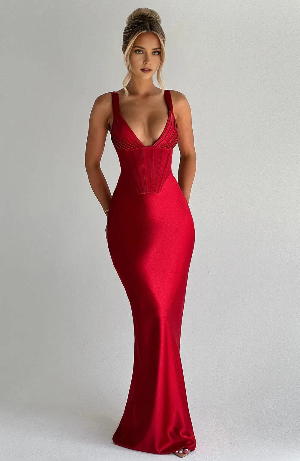 Elegant Red Sheath Deep V - Neck Spaghetti Straps Sleeveless Lace Up Floor -Length Prom Dresses bride Hot Sale