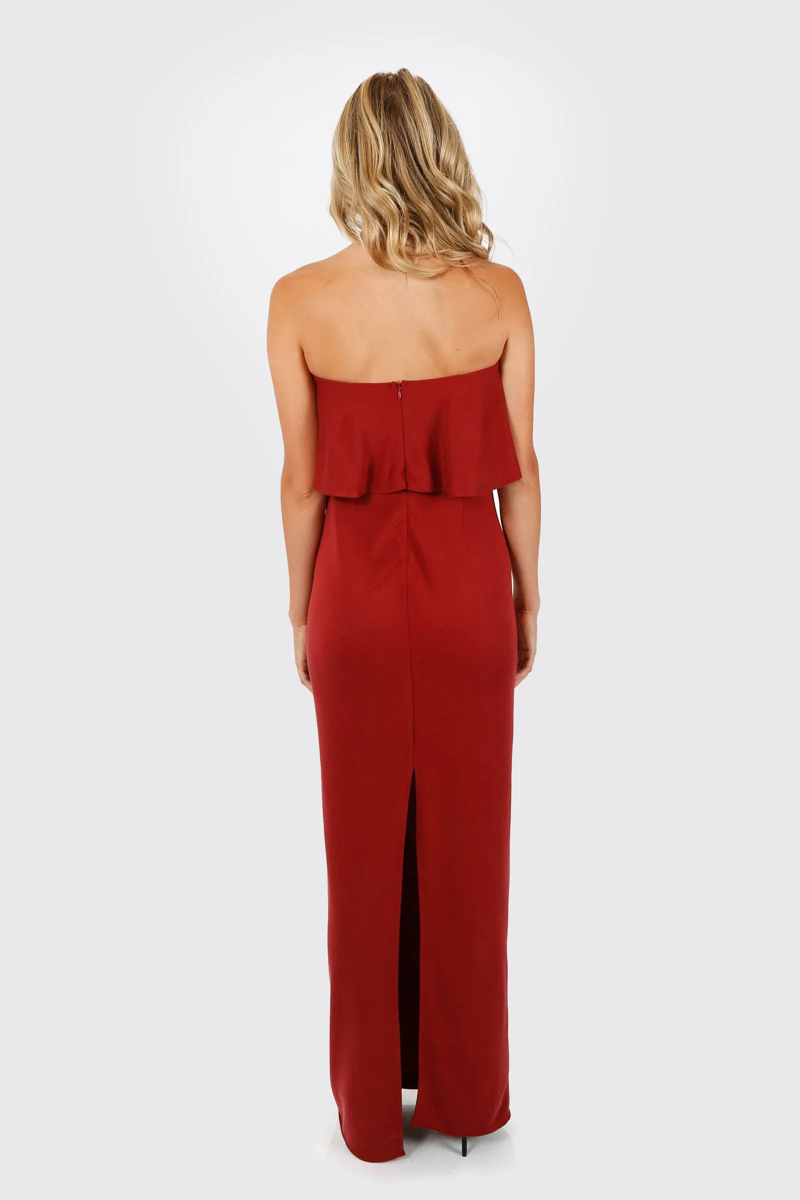 Elegant Red Sheath Strapless Sleeveless Ruffled Back Zip Back Slit Floor-Length Prom Dresses