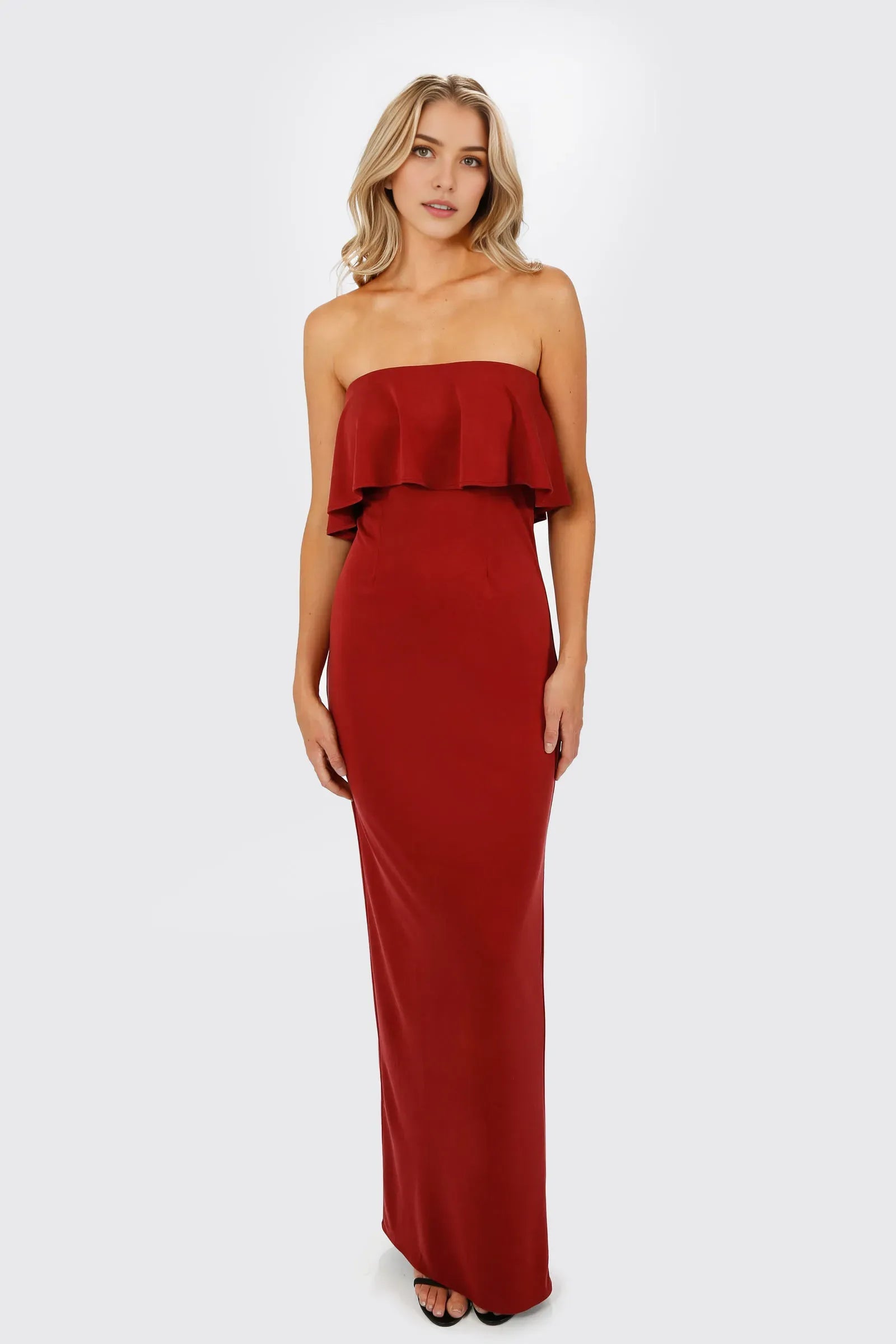 Elegant Red Sheath Strapless Sleeveless Ruffled Back Zip Back Slit Floor-Length Prom Dresses