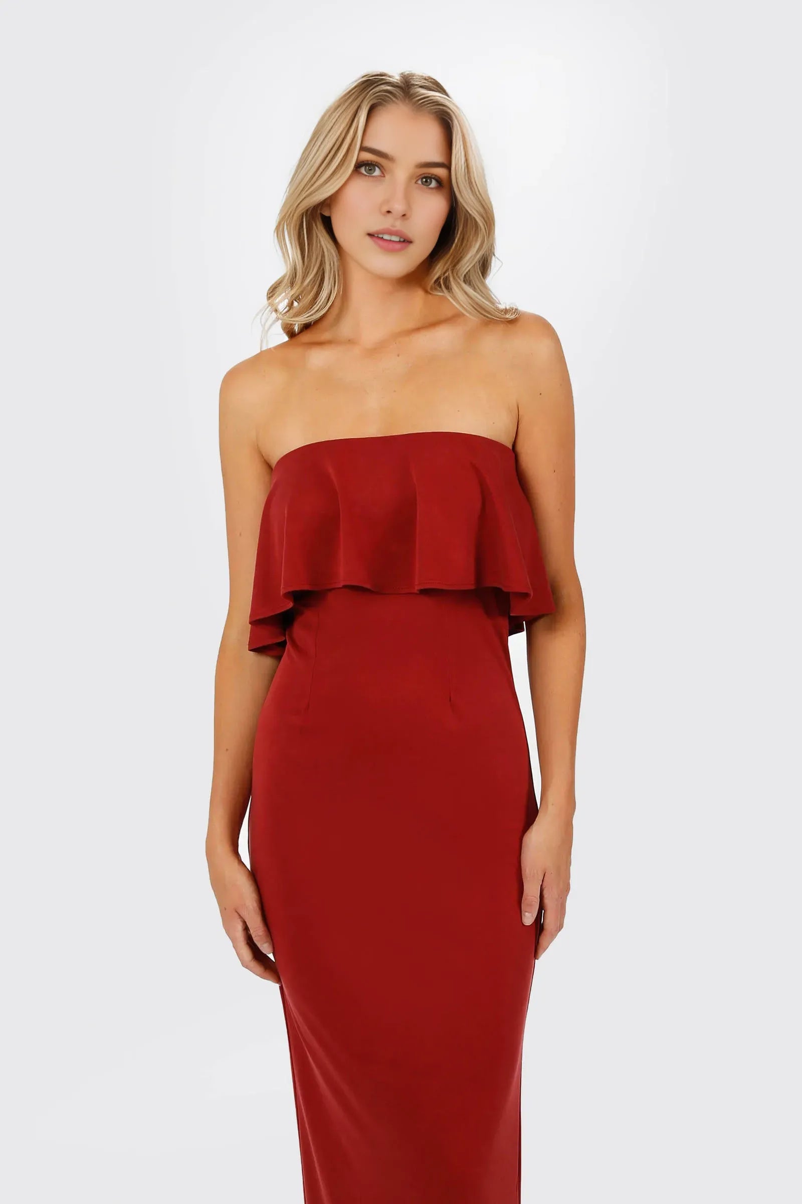 Elegant Red Sheath Strapless Sleeveless Ruffled Back Zip Back Slit Floor-Length Prom Dresses