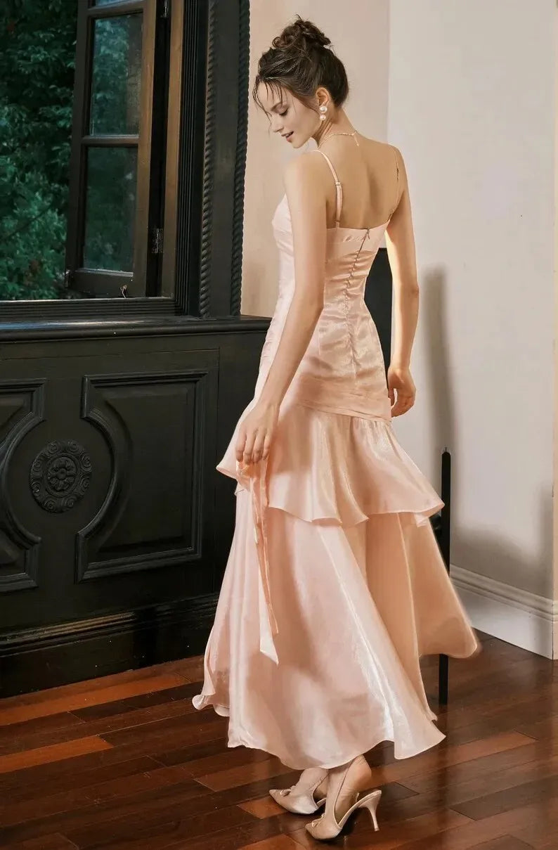 Elegant Rose Pink Mermaid Spaghetti Strap Sleeveless Back Zip Satin Ruffled Tea-Length Prom Dress ﻿Hot sale