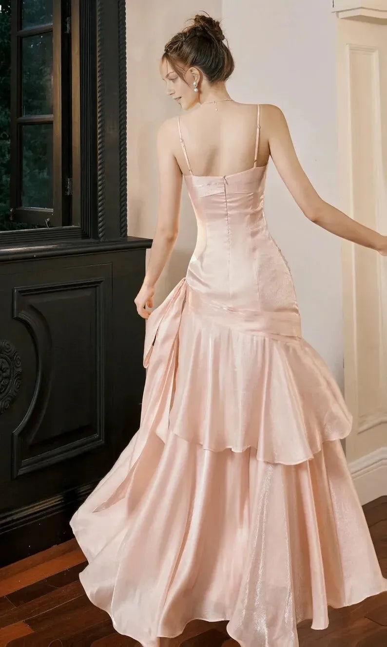 Elegant Rose Pink Mermaid Spaghetti Strap Sleeveless Back Zip Satin Ruffled Tea-Length Prom Dress ﻿Hot sale