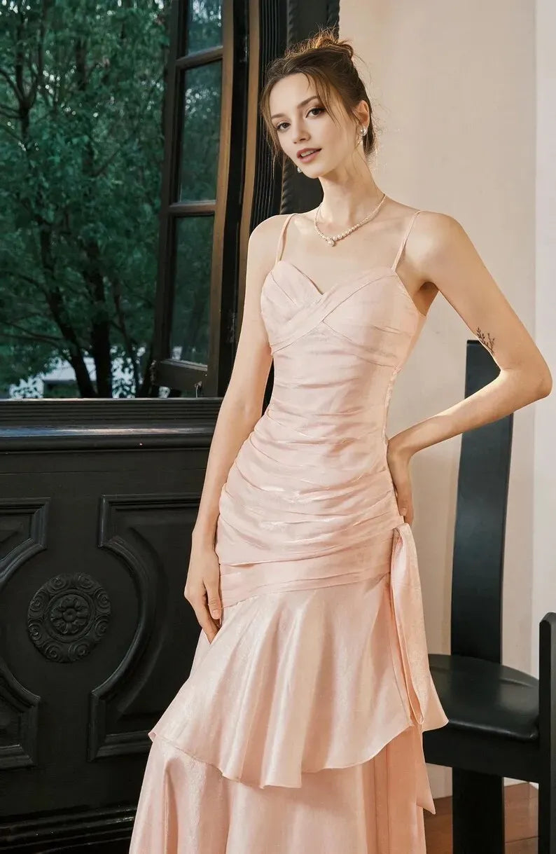 Elegant Rose Pink Mermaid Spaghetti Strap Sleeveless Back Zip Satin Ruffled Tea-Length Prom Dress ﻿Hot sale