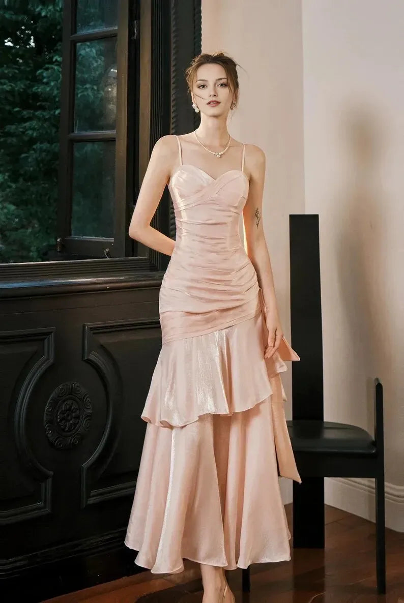 Elegant Rose Pink Mermaid Spaghetti Strap Sleeveless Back Zip Satin Ruffled Tea-Length Prom Dress ﻿Hot sale