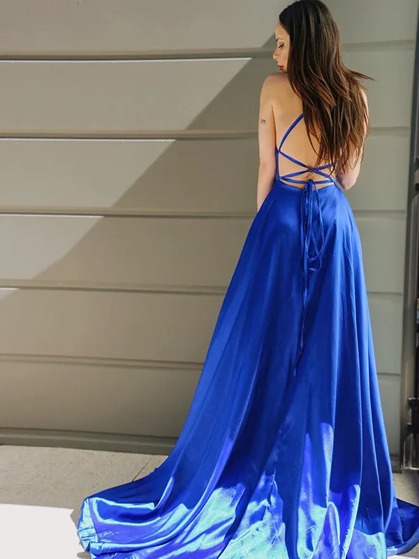Elegant Royal Blue A-Line Spaghetti Straps Sleeveless Crisscross-Back Floor-Length Satin Ruffles Prom Dresses with High Slit
