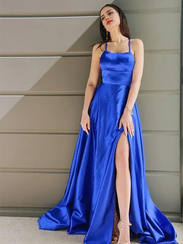 Elegant Royal Blue A-Line Spaghetti Straps Sleeveless Crisscross-Back Floor-Length Satin Ruffles Prom Dresses with High Slit