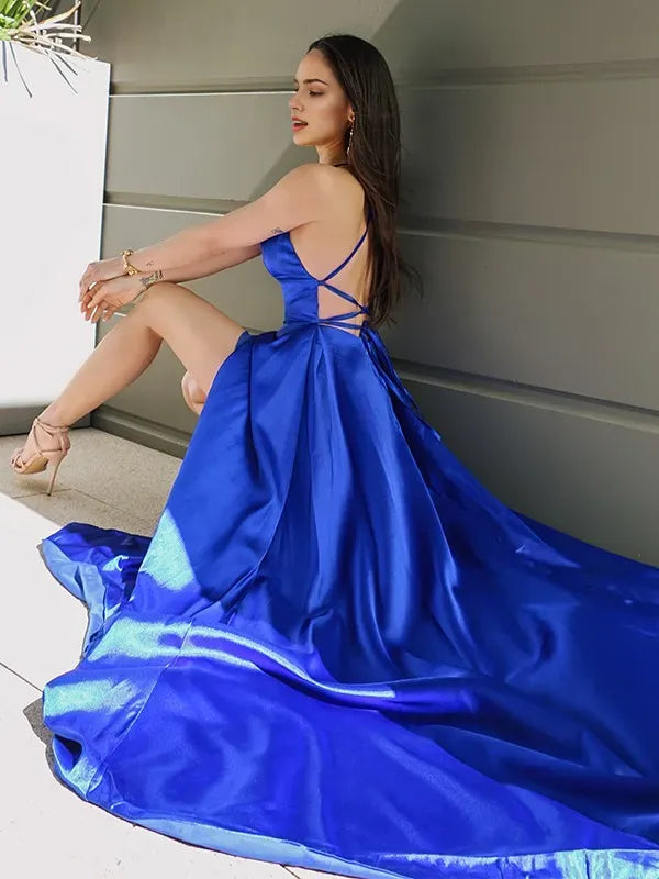 Elegant Royal Blue A-Line Spaghetti Straps Sleeveless Crisscross-Back Floor-Length Satin Ruffles Prom Dresses with High Slit