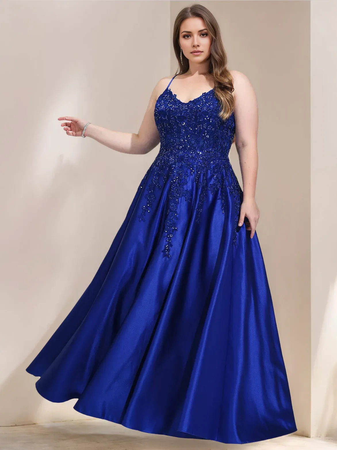 Elegant Royal Blue A-Line V-Neck Sleeveless Crisscross Back Lace Applique Satin Floor-Length  Plus-Size Prom Dresses With Sequins