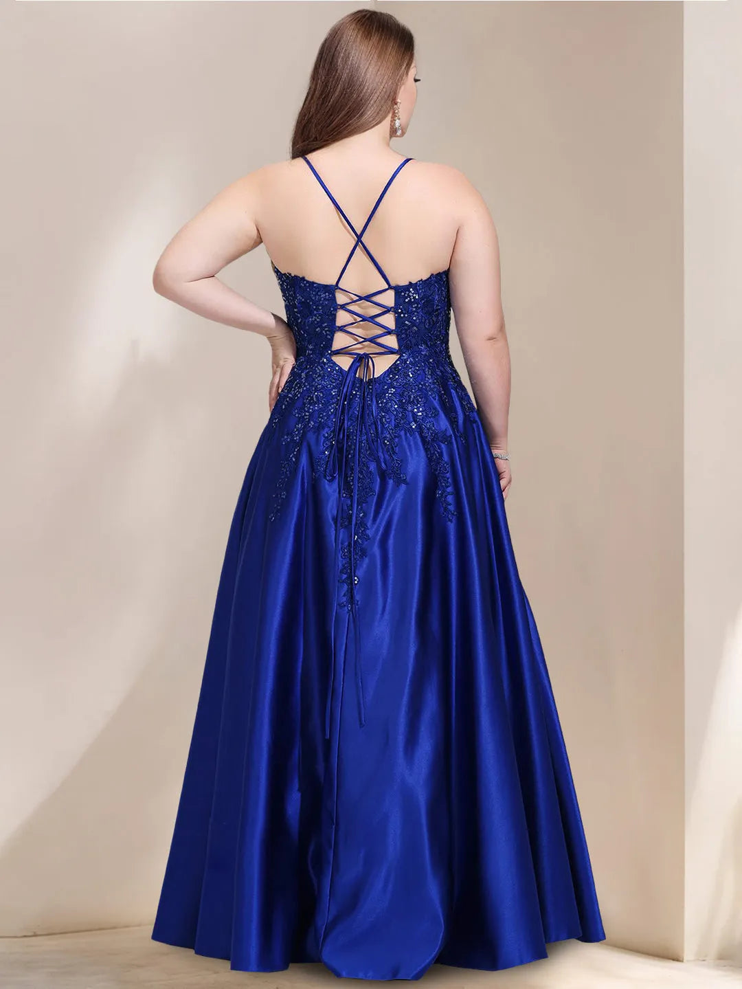 Elegant Royal Blue A-Line V-Neck Sleeveless Crisscross Back Lace Applique Satin Floor-Length  Plus-Size Prom Dresses With Sequins