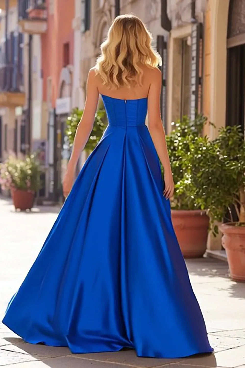 Elegant Royal Blue A Line Sweetheart Neck Sleeveless Back Zip Ruched Bodice High Side Slit Satin Floor-Length Prom Dresses