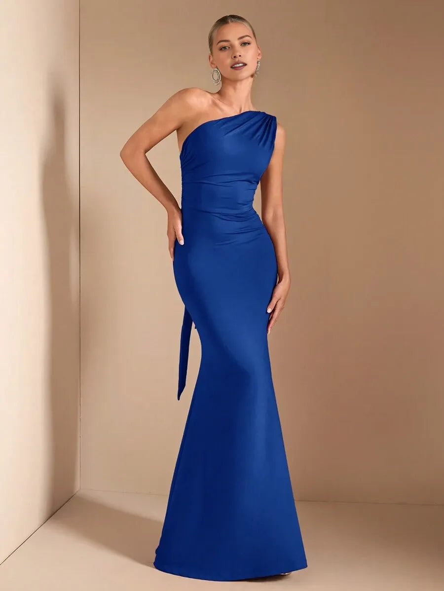 Elegant Royal Blue Mermaid Asymmetrical Neck Sleeveless Ruched Tie-Back Floor-Length Satin Prom Dresses