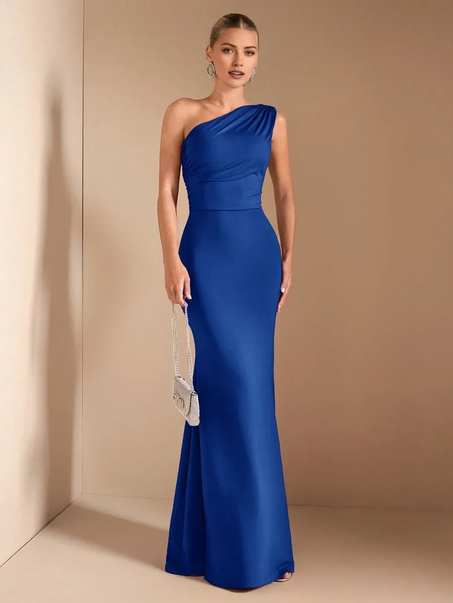 Elegant Royal Blue Mermaid Asymmetrical Neck Sleeveless Ruched Tie-Back Floor-Length Satin Prom Dresses