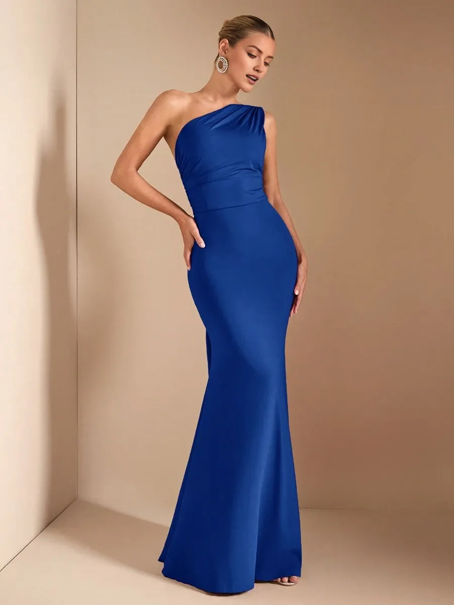 Elegant Royal Blue Mermaid Asymmetrical Neck Sleeveless Ruched Tie-Back Floor-Length Satin Prom Dresses