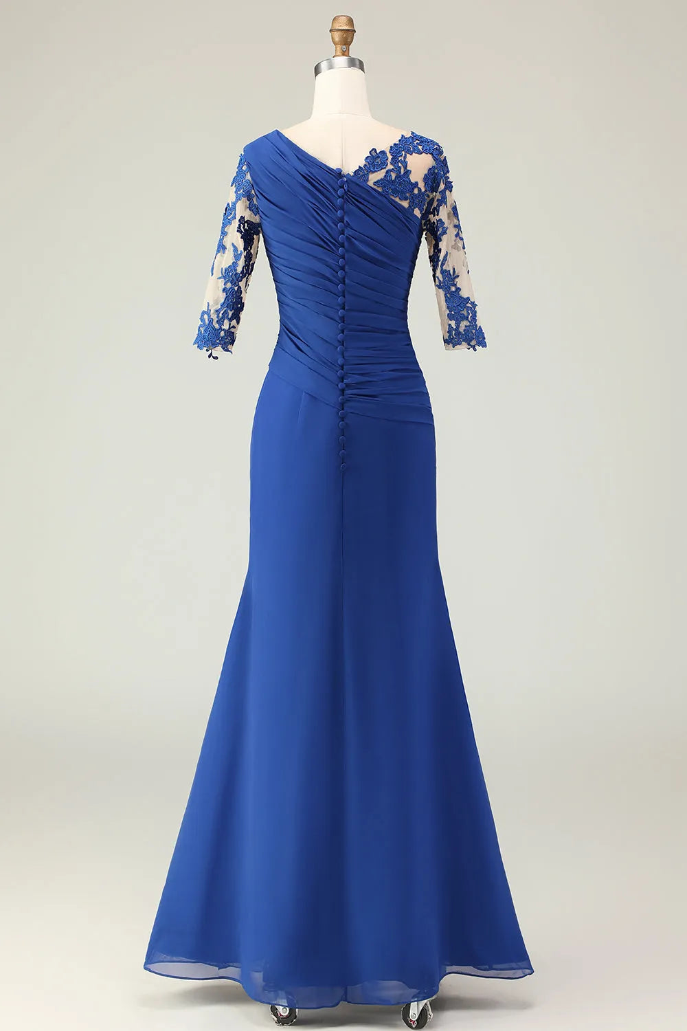 Elegant Royal Blue Mermaid One-Shoulder Three Quarter Sleeve Button Back Long Mother of the Bride Dresses Appliqued Ruched