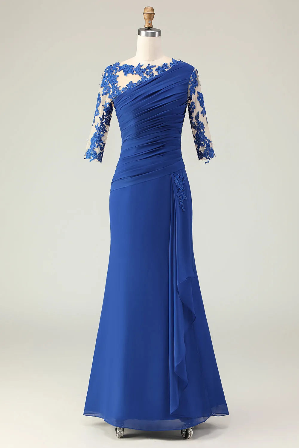 Elegant Royal Blue Mermaid One-Shoulder Three Quarter Sleeve Button Back Long Mother of the Bride Dresses Appliqued Ruched