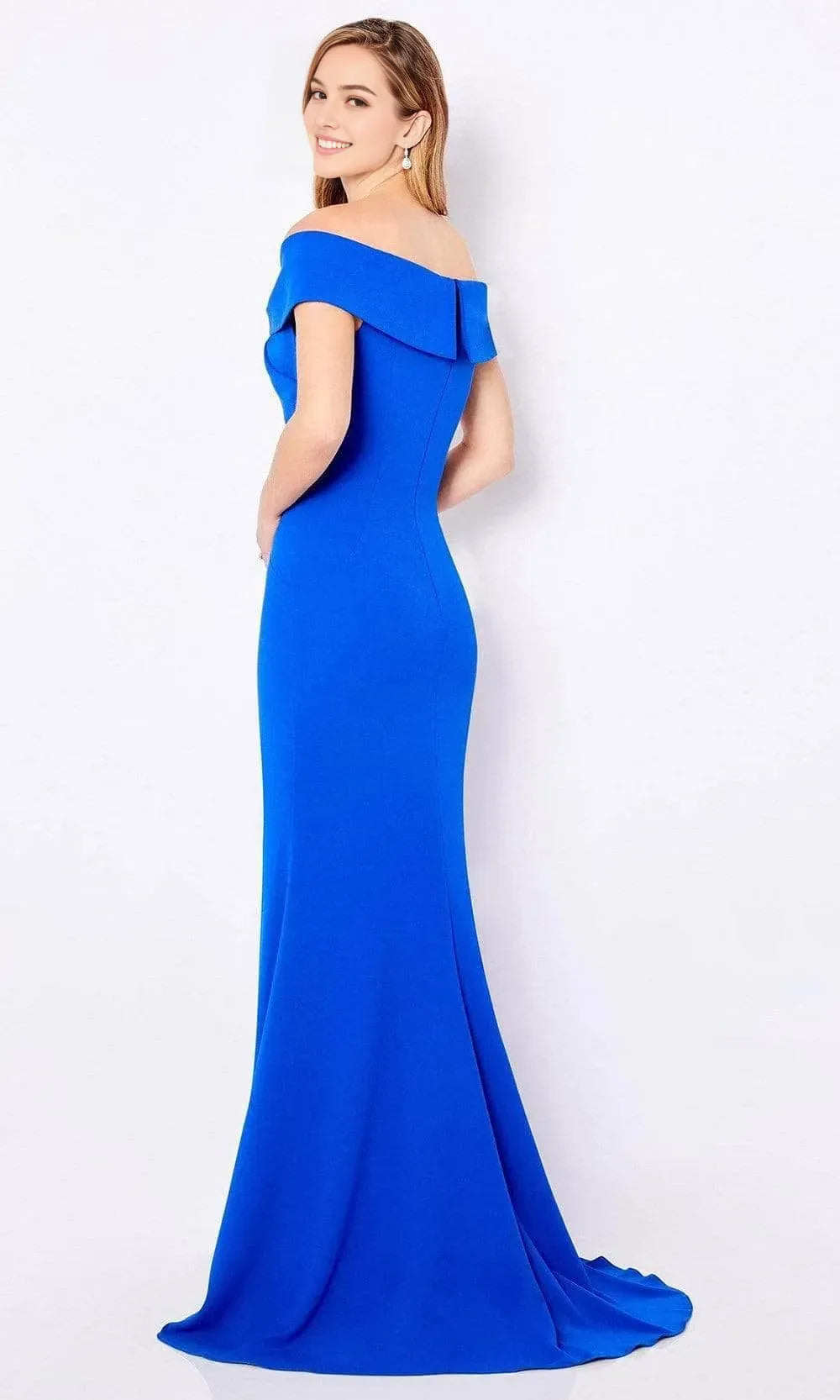 Elegant Royal Blue Off Shoulder Evening Dresses with Intricate Beaded Embellishment at Neckline, Figure Hugging Mermaid Silhouette and Subtle Draped Detailing