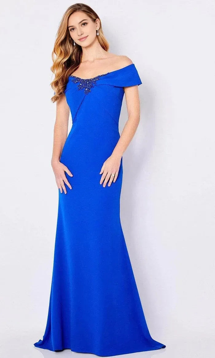 Elegant Royal Blue Off Shoulder Evening Dresses with Intricate Beaded Embellishment at Neckline, Figure Hugging Mermaid Silhouette and Subtle Draped Detailing