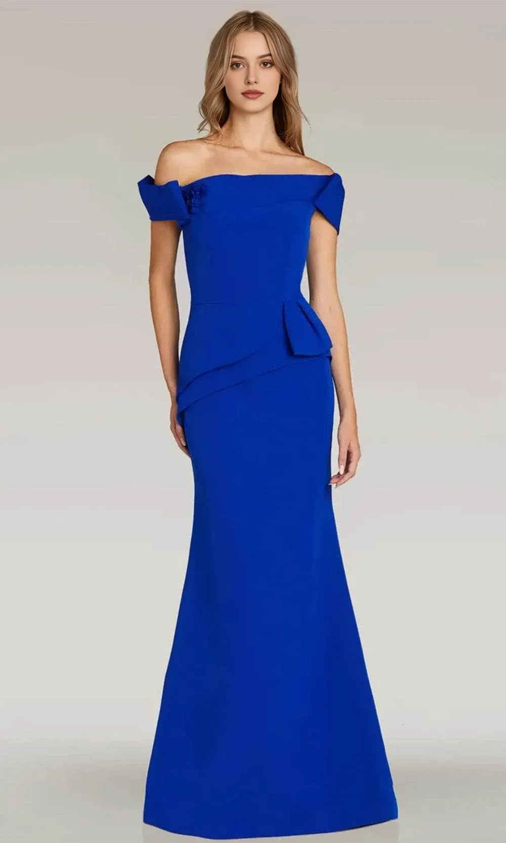 Elegant Royal Blue Off  Shoulder Evening Gown with Asymmetric Ruffle Detailing Floral Accent and Mermaid Silhouette for Formal Galas  Black Tie Events