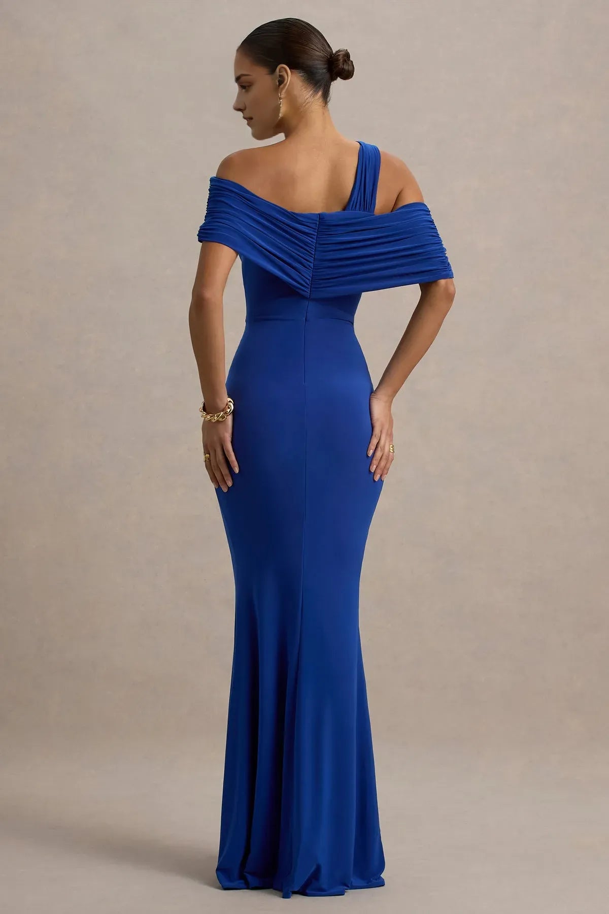Elegant Royal Blue One - Shoulder Off - Shoulder Evening Gown with Draped Sleeves Ruched Detailing and High Side Slit  Perfect for Proms Galas and Formal Affairs