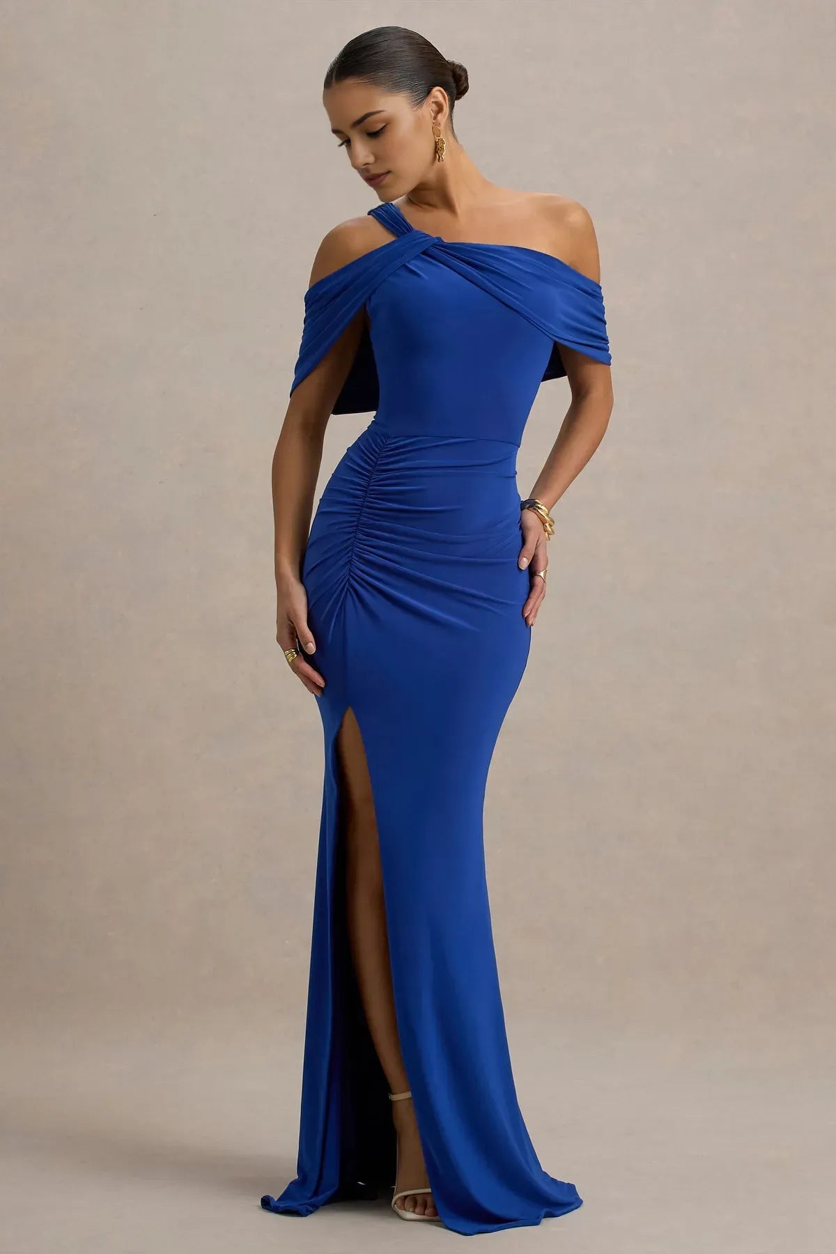 Elegant Royal Blue One - Shoulder Off - Shoulder Evening Gown with Draped Sleeves Ruched Detailing and High Side Slit  Perfect for Proms Galas and Formal Affairs