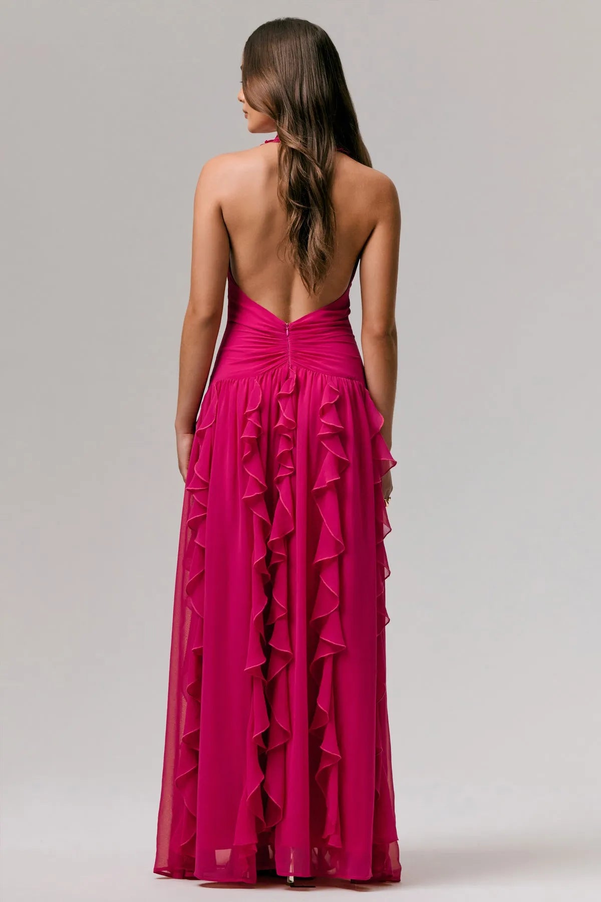 Fuchsia Halter Neck Prom Dress with Deep V - Neck Ruffled Trim and Tiered Ruffle Skirt