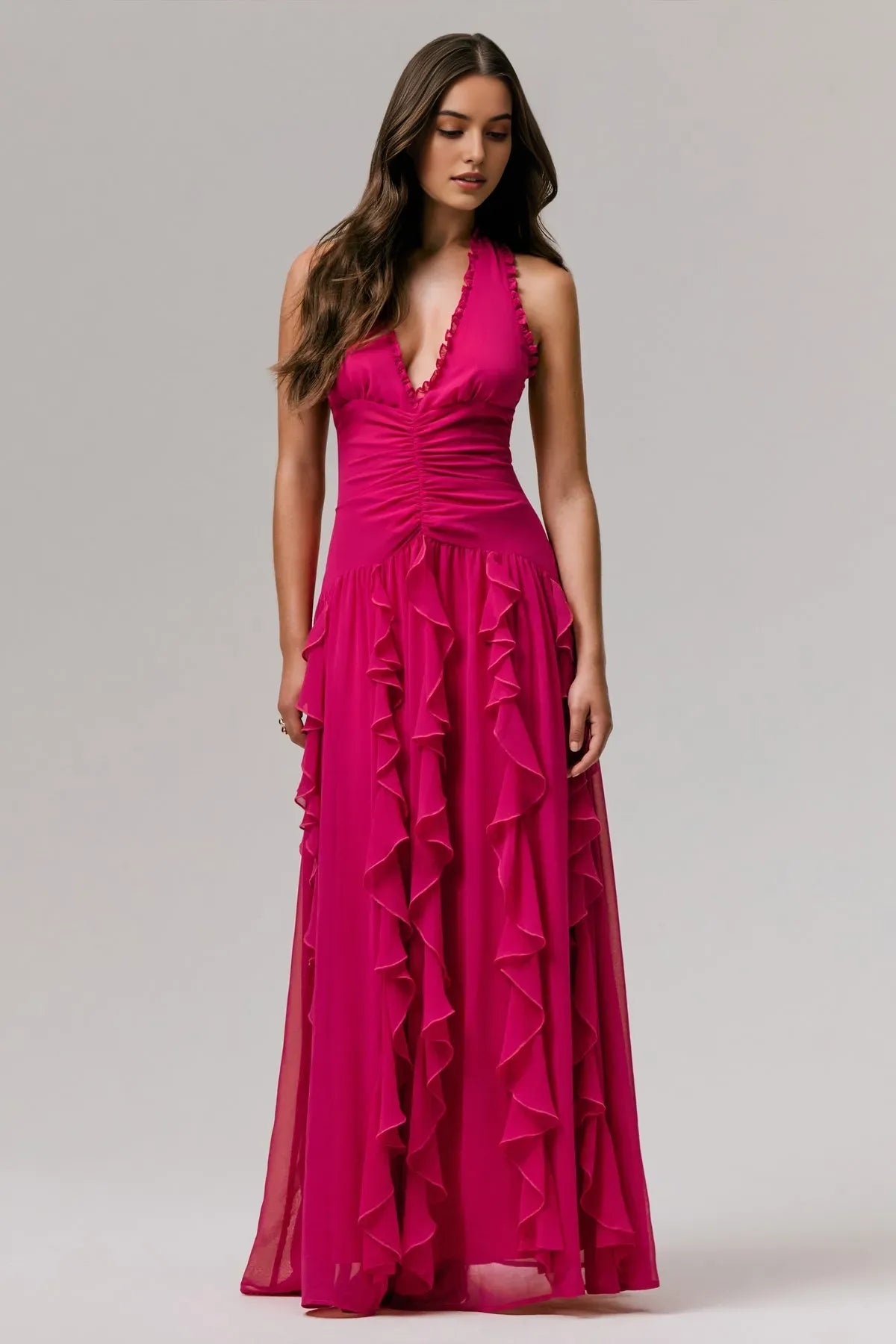 Fuchsia Halter Neck Prom Dress with Deep V - Neck Ruffled Trim and Tiered Ruffle Skirt