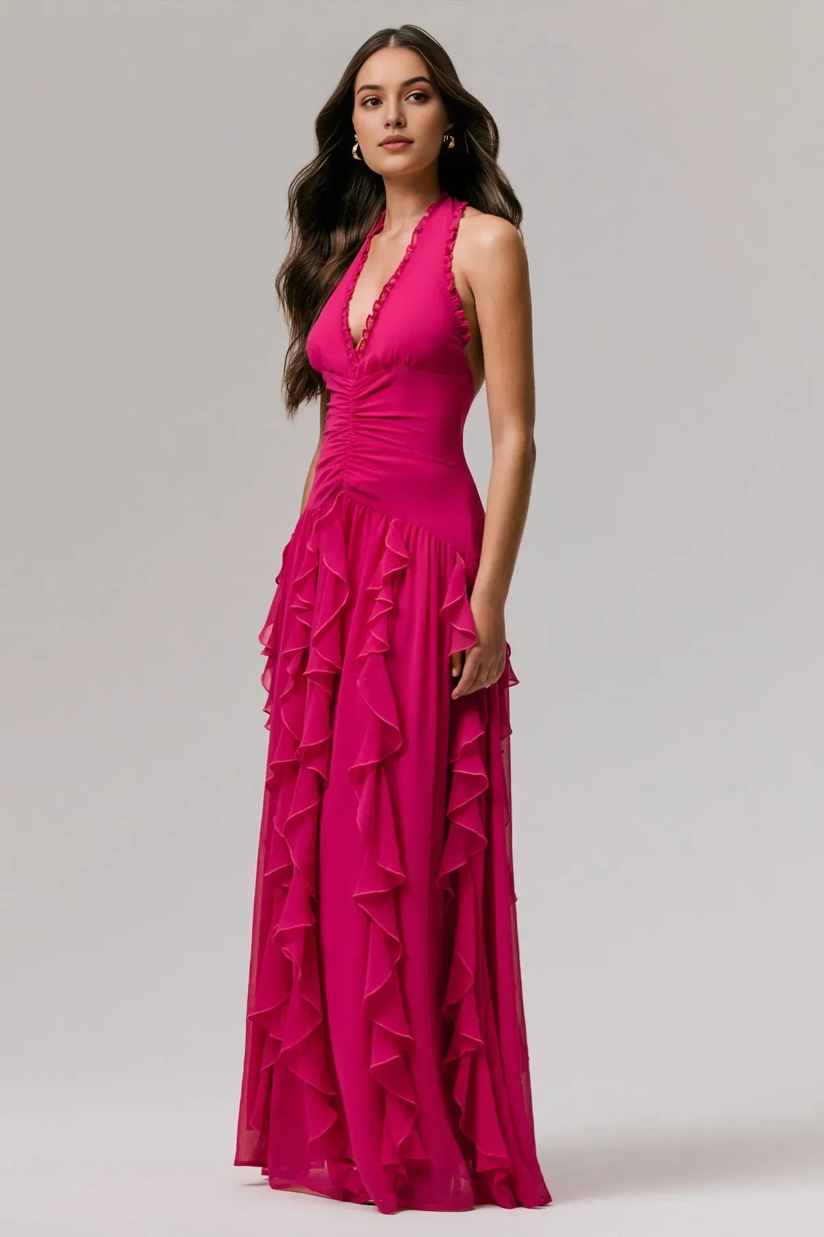 Fuchsia Halter Neck Prom Dress with Deep V - Neck Ruffled Trim and Tiered Ruffle Skirt