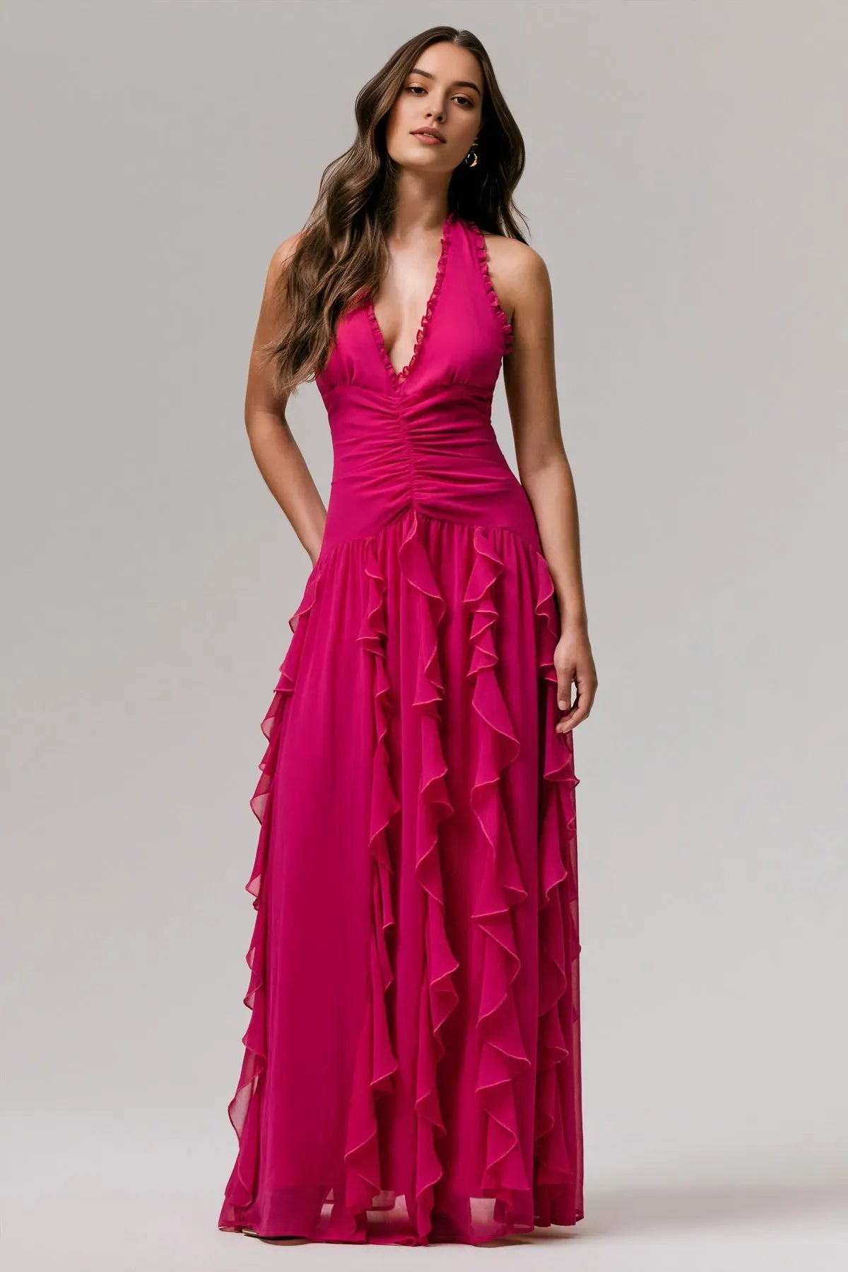 Fuchsia Halter Neck Prom Dress with Deep V - Neck Ruffled Trim and Tiered Ruffle Skirt