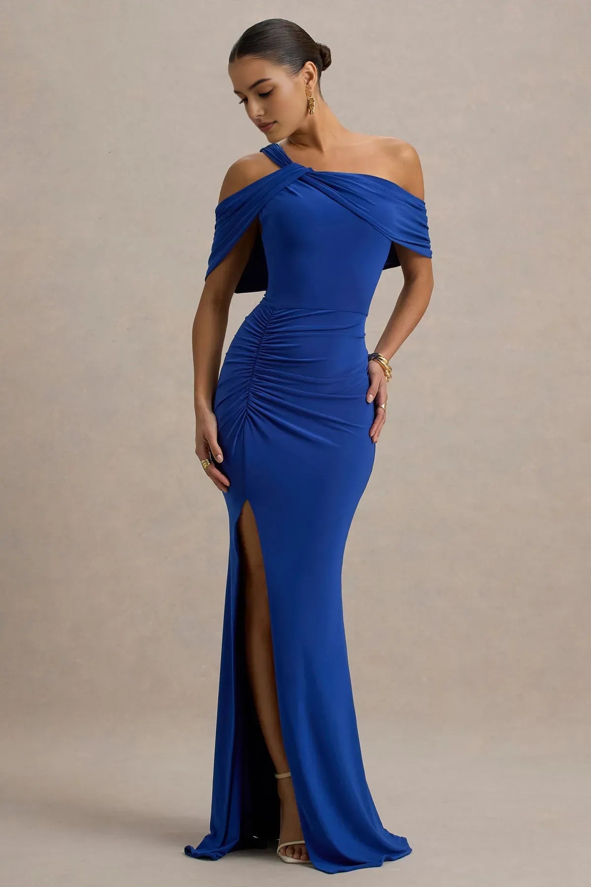 Elegant Royal Blue One - Shoulder Prom Dress with Draped Cape Sleeves Ruched Bodice and High Side Slit