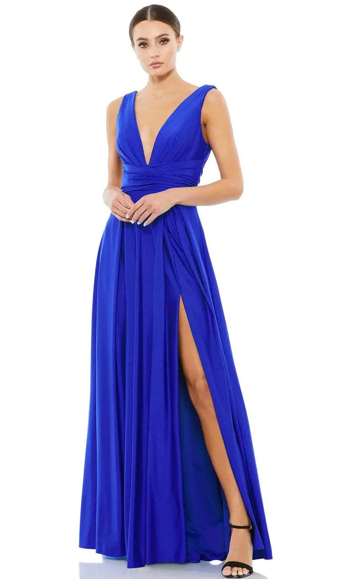Elegant Royal Blue Prom Dresses Deep V - Neck Cross Wrap Waist High Side Slit A Fusion of Sophistication