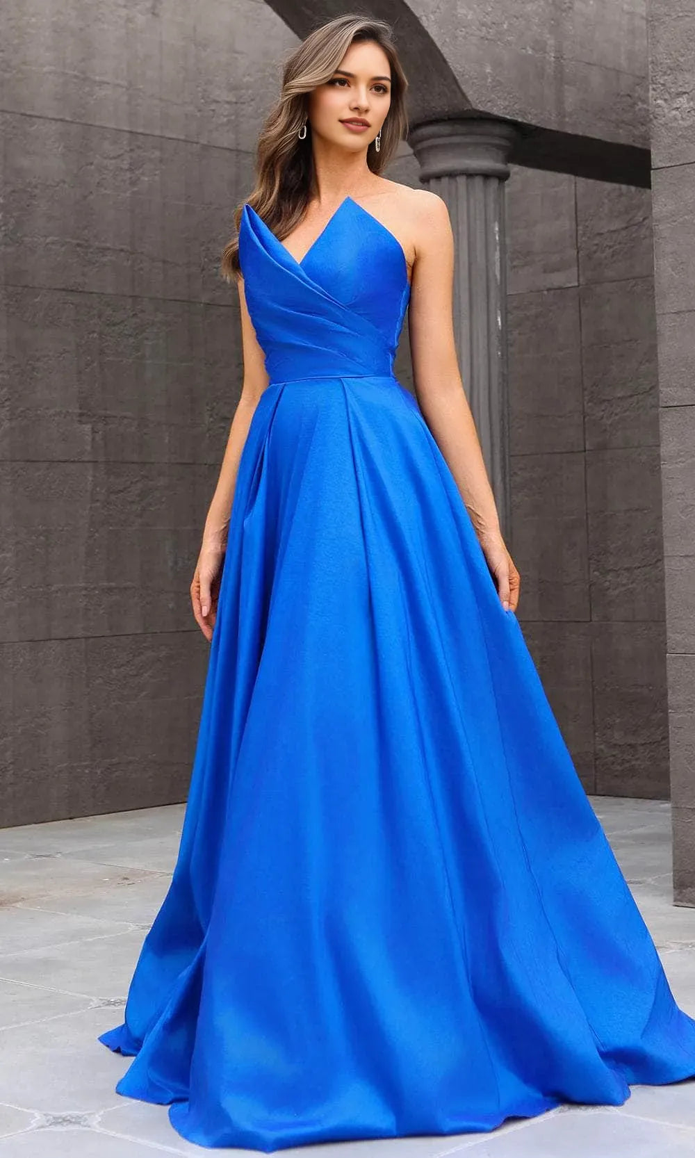 Elegant Royal Blue Satin Ball Gown with Strapless V - Neckline Pleated Skirt and Matching Long Gloves for Formal Prom Evening Events