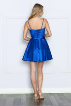Elegant Royal Blue Satin Homecoming Dress with Spaghetti Straps Lace Trim Flared Skirt featuring for Prom Nights