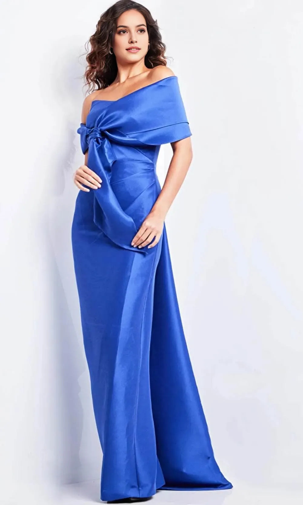 Elegant Royal Blue Satin Off Shoulder Evening Dresses with Bow Detail Perfect for Formal Galas and Special Occasions