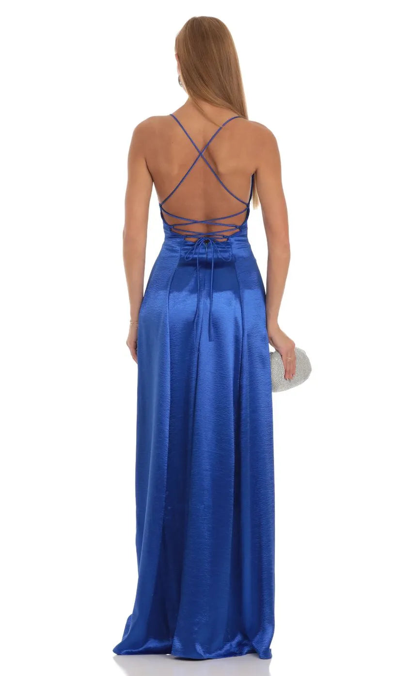 Elegant Royal Blue Satin Prom Dresses Straps Structured Bodice and Dramatic Side Slit  Perfect for Prom Celebrations