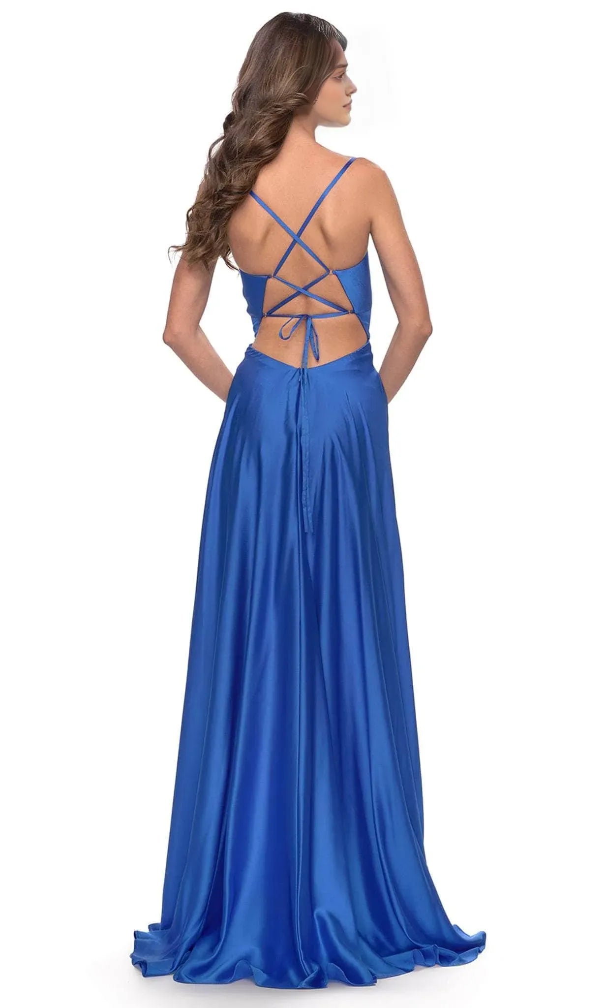 Elegant Royal Blue Satin Prom Dresses with Cut Out Detail Twist Front and High Slit for Formal Occasions