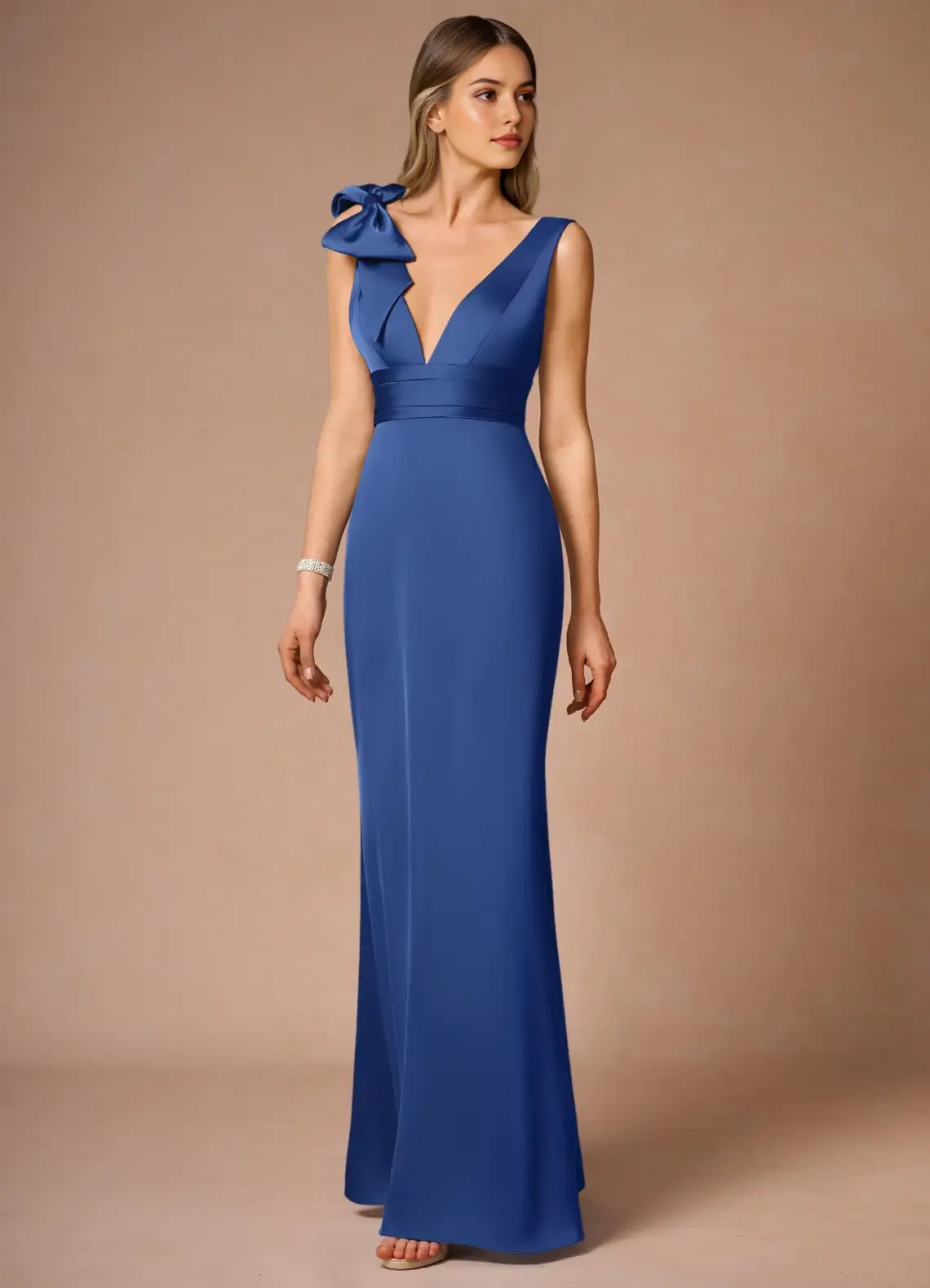 Elegant Royal Blue Satin Prom Dress with Plunging V - Neckline Asymmetric Bow Accent and Waist - Cinching Band for Formal Occasions