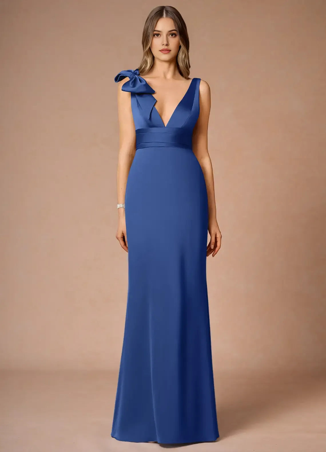 Elegant Royal Blue Satin Prom Dress with Plunging V - Neckline Asymmetric Bow Accent and Waist - Cinching Band for Formal Occasions