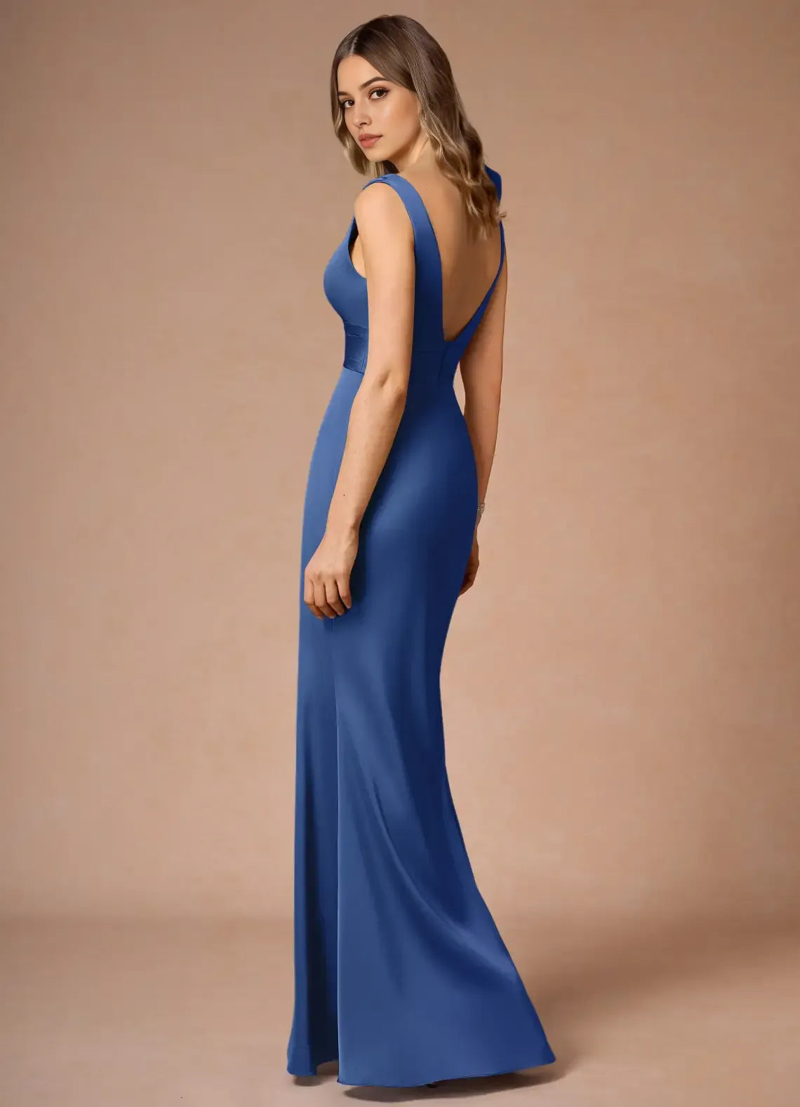 Elegant Royal Blue Satin Prom Dress with Plunging V - Neckline Asymmetric Bow Accent and Waist - Cinching Band for Formal Occasions