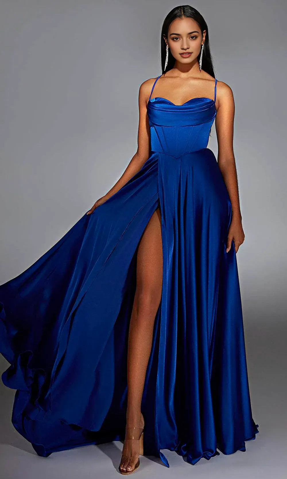 Elegant Royal Blue Satin Prom Dress with Spaghetti Straps Corset Bodice and High Side Slit for Formal Galas