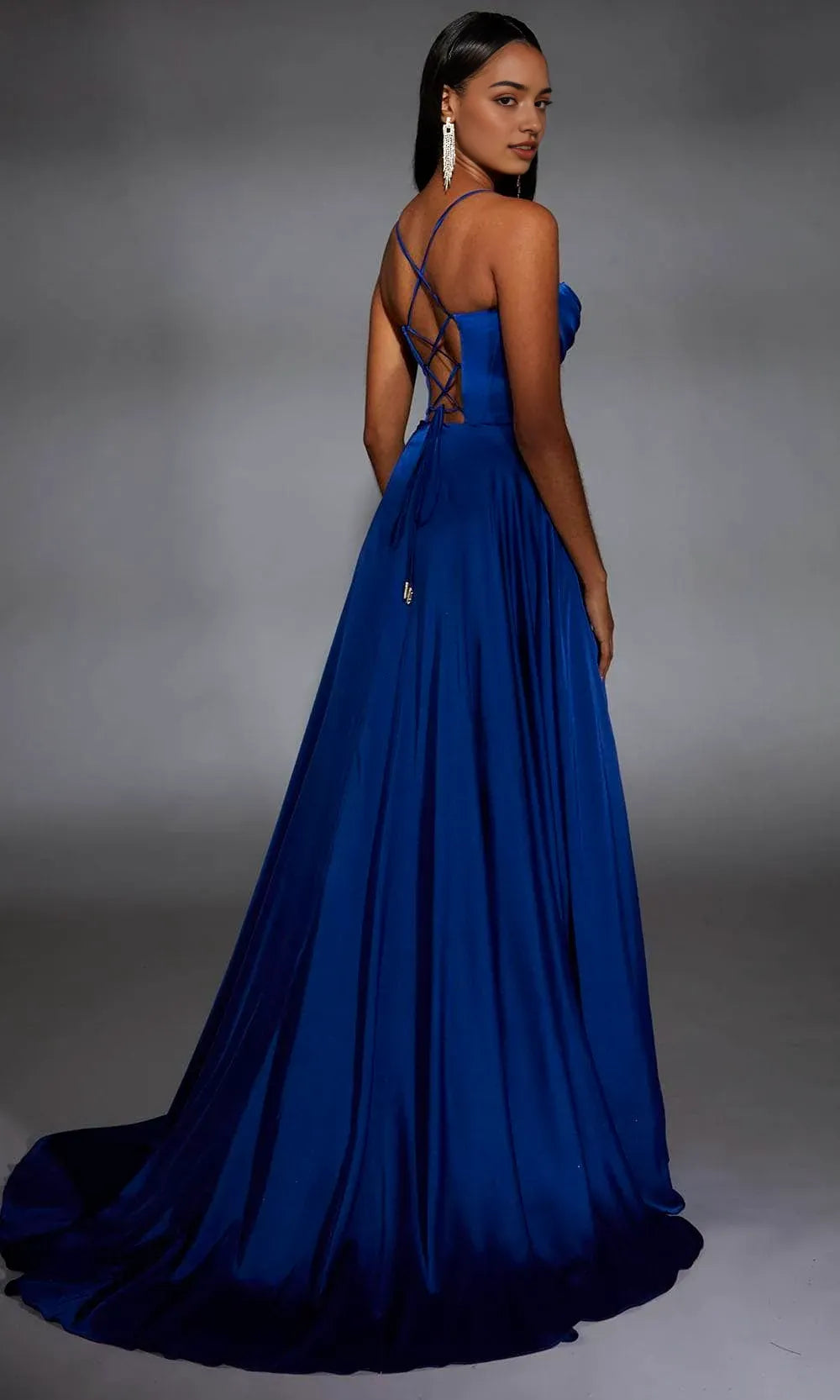 Elegant Royal Blue Satin Prom Dress with Spaghetti Straps Corset Bodice and High Side Slit for Formal Galas